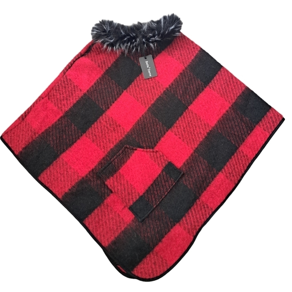 BELLE DAME Buffalo plaid Poncho cape FAUX fur collar trim large red black check